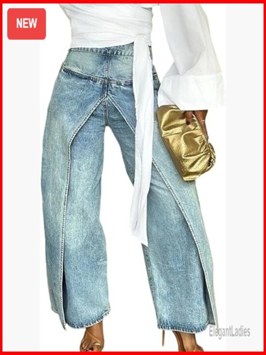 Denim - High Waisted Wide Leg Patchwork Jeans Distressed Split Hem Y2K